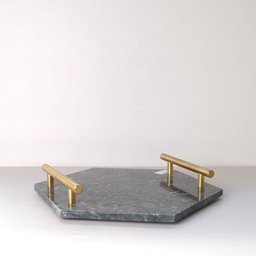 Hexagon Marble Platter Gold Handle 11.6"