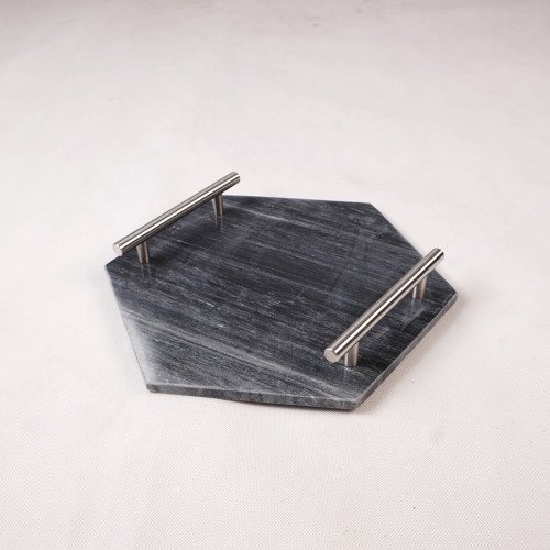 Hexagon Marble Platter Silver Handle 11.6"
