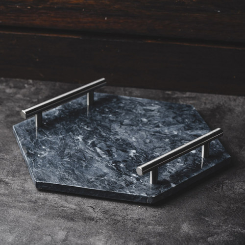 Hexagon Marble Platter Silver Handle 11.6"