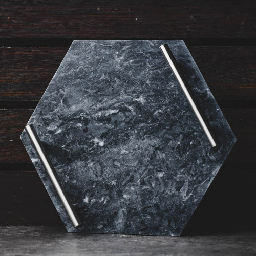 Hexagon Marble Platter Silver Handle 11.6" 2
