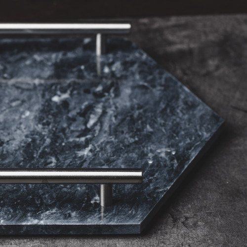 Hexagon Marble Platter Silver Handle 11.6" 3