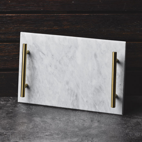Rectangular Marble Platter Gold Bar Handle 11.6" 5
