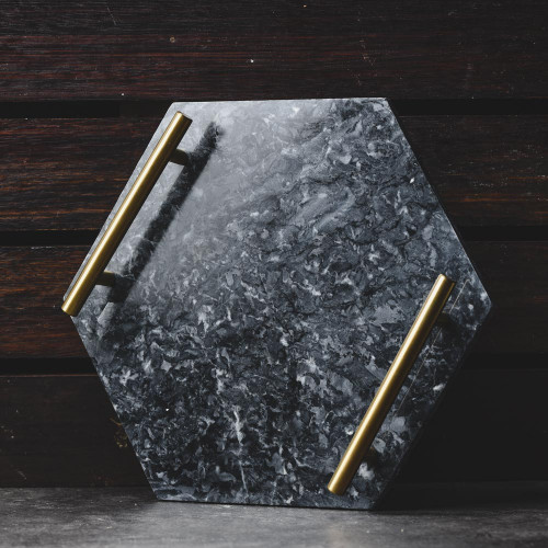 Hexagon Marble Platter Gold Handle 11.6" 2