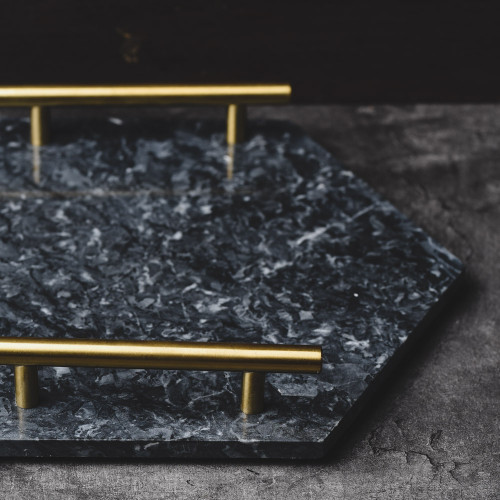 Hexagon Marble Platter Gold Handle 11.6" 4