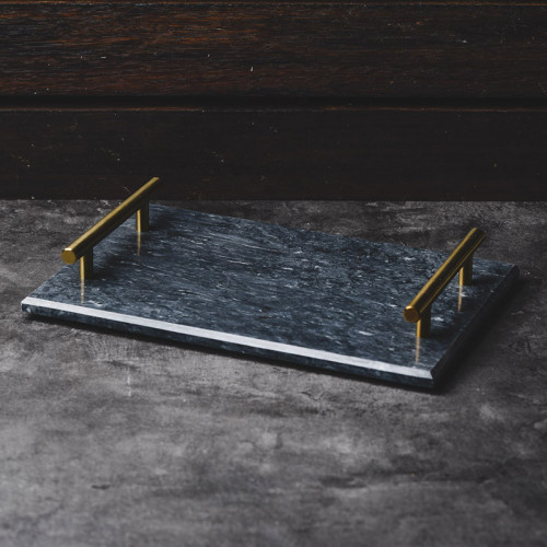 Rectangular Marble Platter Black with Gold Handle 11.6"