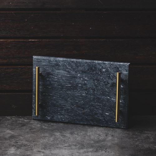 Rectangular Marble Platter Black with Gold Handle 11.6" 2