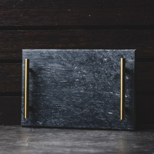 Rectangular Marble Platter Black with Gold Handle 11.6" 3