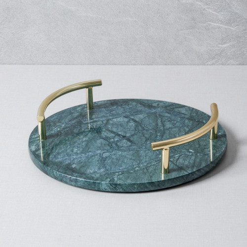 Round Marble Tray with Gold Handle - Green 25.3 cm