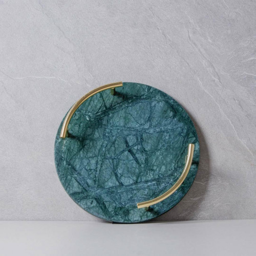 Round Marble Tray with Gold Handle - Green 25.3 cm 3