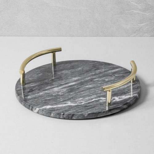 Round Marble Tray with Gold Handle - Black 25.3 cm