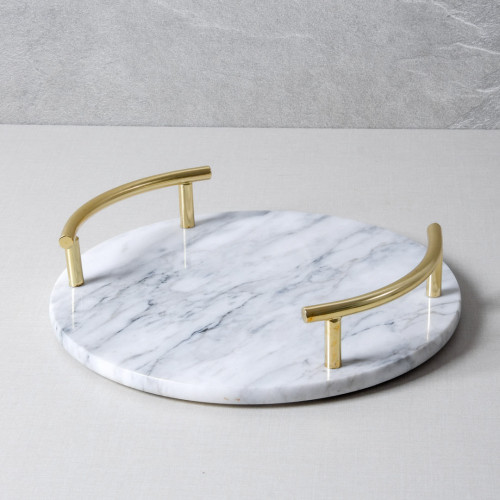 Round Marble Tray with Gold Handle - White 25.3 cm