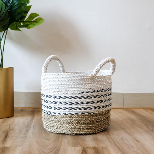 Handwoven Basket Round - Blue Accent