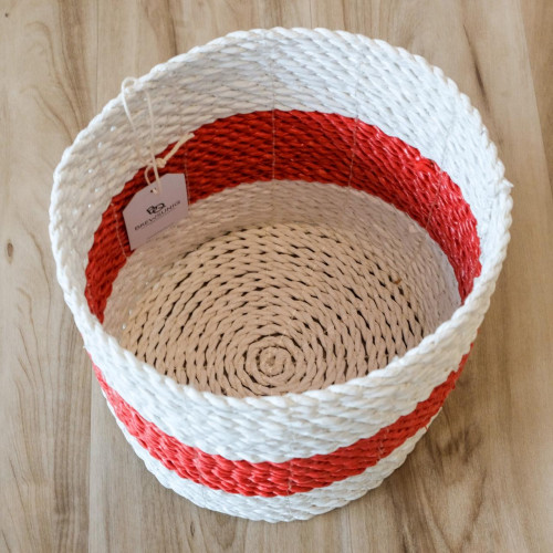 Handwoven Basket Round - Red & White 2