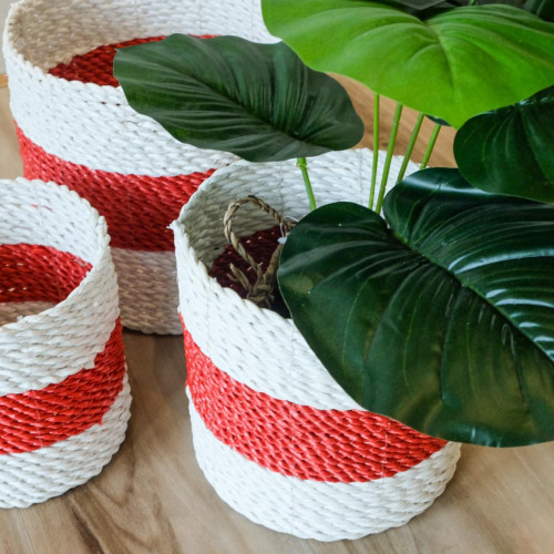 Handwoven Basket Round - Red & White 3