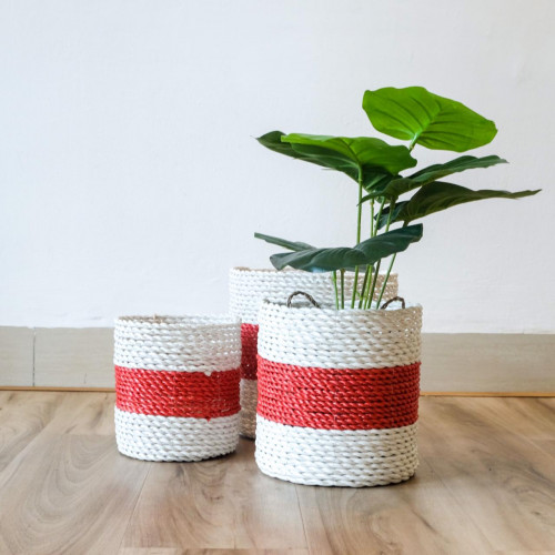 Handwoven Basket Round - Red & White 4