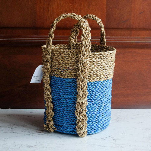 Handwoven Basket Round - Blue & Tan