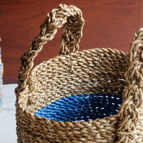 Handwoven Basket Round - Blue & Tan 2