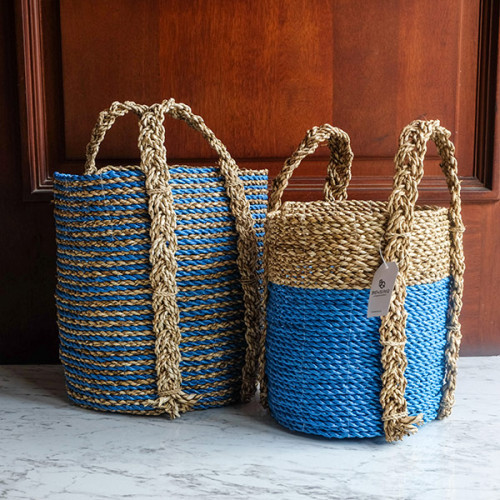 Handwoven Basket Round - Blue & Tan 3