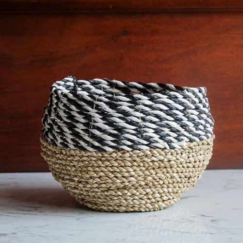 Handwoven Short Basket Round - Black & White