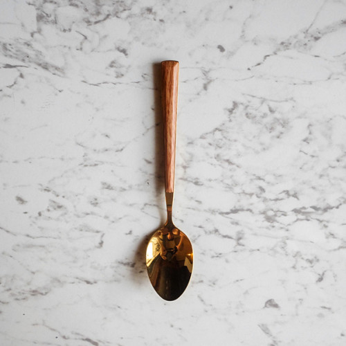 Wooden Accent Gold Dessert Spoon