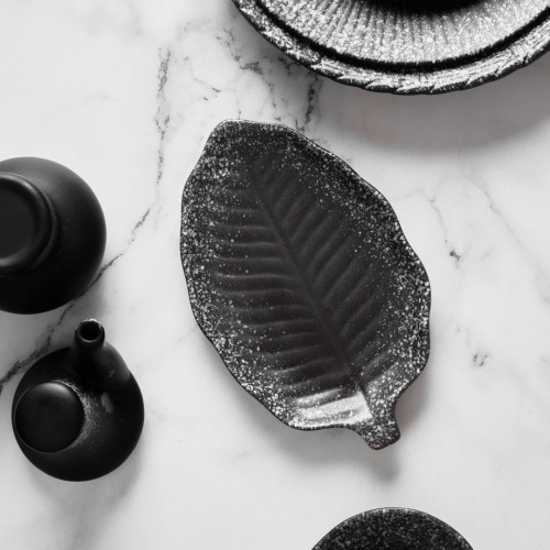 Black Kemuri Leaf Shape Salad Plate 8" 4